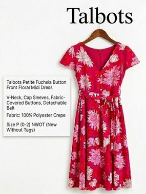 🌺Talbots Petite Fuchsia Button Front Floral Midi Dress V-Neck NWOT Size 0-2 🌺